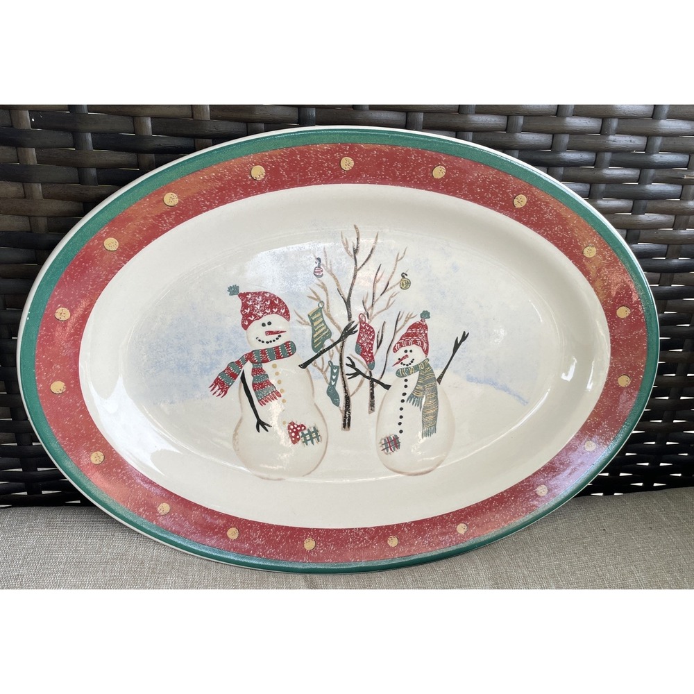 Royal Seasons Stoneware Snowmen 14" Serving Platter Christmas Holiday Vintage